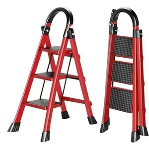 K IKIDO Inklapbare trapladder, ladder met leuning, 3/4/5 treden, antislip, gemakkelijk op te bergen, brede treden, geschikt voor keuken, huishouden en wonen, belastbaarheid tot 150 kg (rood, 3 treden)