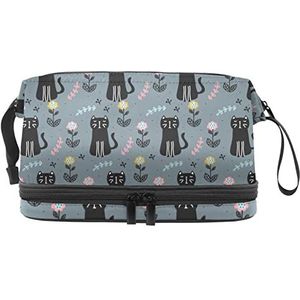 Dubbele Laag Cosmetische Tas Zwarte Katten en Bloemen Draagbare Make-up Tas Reizen Organizer Pouch voor Vrouwen Meisjes Toiletartikelen Tassen, Meerkleurig, 27x15x14 cm/10.6x5.9x5.5 in, Make-up zakje