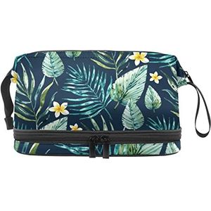 Dubbele Laag Cosmetische Tas Tropische Bladeren Draagbare Make-up Tas Reizen Organizer Pouch voor Vrouwen Meisjes Toiletartikelen Tassen, Meerkleurig, 27x15x14 cm/10.6x5.9x5.5 in, Make-up zakje