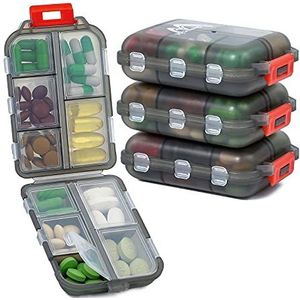 Muchengbao Tablettenbox, 4 stuks, 7 dagen, pillendoos, 10 vakken, handige medicijndoos, gemakkelijk te openen, pillendoos, 7 dagen, grijs