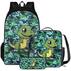 Xoenoiee Rugzakset voor kinderen, jongens, meisjes, grote schooltas met lunchtas, pennenzak voor basisschool, Dinosaurus Groen