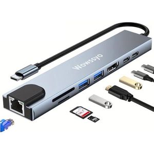 USB C Hub 8 in 1 Adapter Voor MacBook M1 Pro/Air Met RJ45 Ethernet, 4K HDTV, 100W PD Oplader, USB C-Poorten, SD en TF-Speler, Dock Voor iPad Pro M1, Dell, XPS, Windows