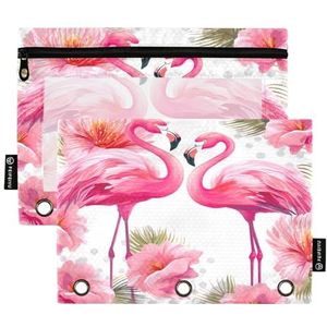 GAIREG Roze Flamingo's Tropische Bloemen Binder Pouch 2 Pack, Potlood Pouch voor 3 Ringband