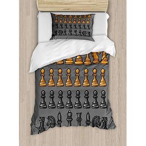 ABAKUHAUS Bordspel Dekbedovertrekset, Chess Pieces Pattern, Decoratieve delige Bedset met siersloop, 130 x 200 cm - 70 x 50 cm, Charcoal Grey Apricot