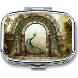 Tuin boogdeur pauw pillendoos 2 compartimenten vierkante pillendoos met spiegel metalen pillenorganizer reizen pillendoos mini medicijnopbergdoos voor zak portemonnee
