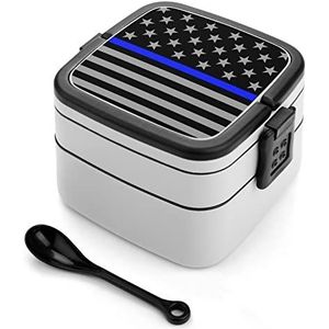 Dunne Blauwe Lijn Amerikaanse Vlag Bento Lunch Box Dubbellaags Alles-in-een Stapelbare Lunch Container Inclusief Lepel met Handvat