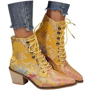 Korte Veterlaarzen Dames Chelsea Enkellaarsjes Retro Ankle Boots Met Bloemenborduursel Puntige Neus Laarsjes Met Blokhak Elegante Enkelschoenen for Feestjes(Gold,43 EU)