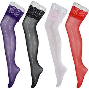 4 paar Heymei vrouwen sexy kant hoge elastische zijden kousen over de knie slang WH01 (multi (paars zwart roze rood)), Multi (paars Zwart Roze Rood), one size