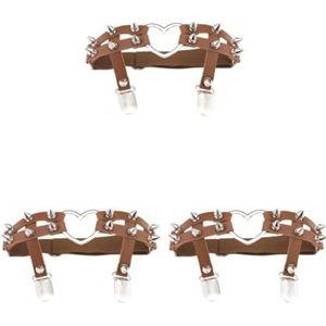 3 Set van 1x Vrouwen Lederen Dubbele Riem Hart Kousenband Elastische Klinknagel Stud Been Jarretelgordel, Licht Koffie