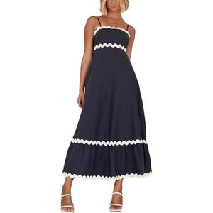 Dames zomer maxi-jurk casual boho mouwloze spaghettibandjes gesmokte lange strandzonjurken(Color:Dark blue A,Size:Small)