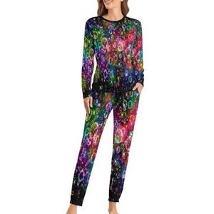 Fantasie Regenboog Kleur Bubble Zachte Womens Pyjama Lange Mouw Warm Fit Pyjama Loungewear Sets met Zakken 2XL