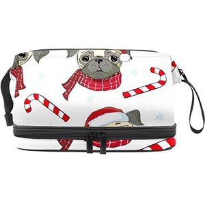 Multifunctionele opslag reizen cosmetische tas met handvat, grote capaciteit reizen cosmetische tas, mopshond met hoed & suikerriet, Meerkleurig, 27x15x14 cm/10.6x5.9x5.5 in