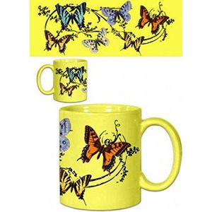 1art1 Vlinders, Colourful Flock, Yellow Foto koffie mok (9x8 cm) + 1x Verrassings sticker