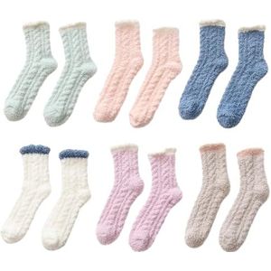 SLEEKEE 6 paar koraalfleece sokken, herfst en winter warme sokken, dikke pluche sokken, pluizige pantoffelsokken, dikke sokken, sokken, Meerkleurig, Medium-Large