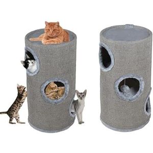 DIP-MAR - Krabton - 50 cm hoog, grijs, 2 niveaus, pluizige ballen om te spelen, kattenton, krabton voor katten