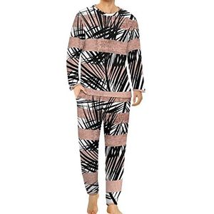 Trendy tropische palmbomen chique rosé gouden strepen comfortabele heren pyjama set ronde hals lange mouw loungewear met zakken S