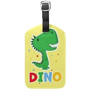 Dinosaurus Cartoon Star Geel Lederen Bagage Bagage Koffer Tag ID Label voor Reizen (3 Stks), Patroon, 12.5(cm)L x 7(cm)W