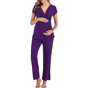 Zwangerschaps pyjama set dames lange mouwen nachtkleding borstvoeding borstvoeding nachtkleding PJ set loungewear zwangerschap voor ziekenhuis thuis (paars, S)