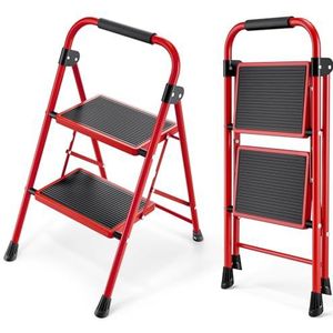 KINGRACK Trapladder 2 Treden met Leuning, Draagbare Vouwladder Vouwtrap met Antislip Voeten en Breed Trapje, Kleine Opstapkruk Inklapbaar Stabiel Huishoudtrap voor Thuis Keuken Kantoor Rood