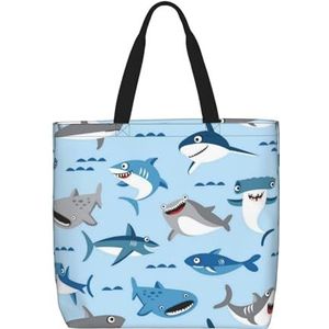ZaKhs Cartoon Shark Print Vrouwen Tote Bag Grote Capaciteit Boodschappentas Mode Strand Tas Voor Werk Reizen, Zwart, Eén maat