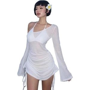 Cover Ups Voor Vrouwen Strandkleding Schouder Strand Cover Up Witte Jurk, Lange Mouwen, Trekkoord, Ruches, Transparante Mini Jurk Badmode Badpak Cover Ups Voor Vrouwen (S)