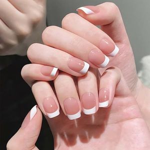 24 stuks korte kunstnagels - natuurlijke gradiënt persnagels - huidskleur natuurlijke look Franse stijl kunstnagels met lijm(Nude pink)