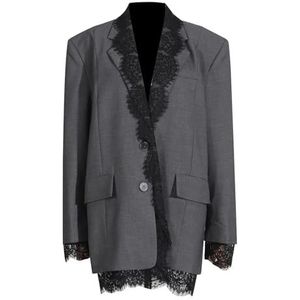 HGKPFGTG Oversized Blazers voor Dames Trendy Kanten Patchwork Lange Mouwen Knoopsluiting Werk Kantoorblazer Pakjas,Grijs,L