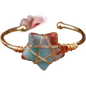 Vrouwen Edelsteen Kralen Goud Koper Polsband Bangle Wire Wrapped Sterren Kralen Manchet Armband Tienermeisjes Koppels Sieraden (Color : Gold_Amazonite)