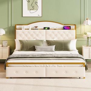 Idemon Vlak bed, ijzeren frame, ingebouwd opbergvak in het hoofdeinde, USB-stopcontact, dubbele laden aan het einde van het bed, goud (180 x 200 cm)