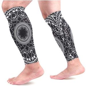 EZIOLY Zwarte etnische bloem Mandala sport kalf compressie mouwen been compressie sokken kuitbeschermer voor hardlopen, fietsen, moederschap, reizen, verpleegkundigen