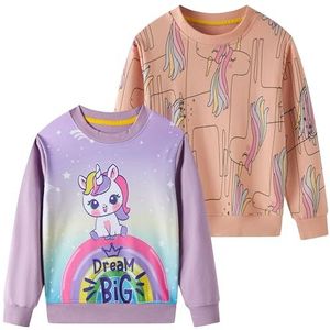 SOIBEEN Meisjes sweatshirt schattige kindertrui 2-pack eenhoorn top shirt pullover ronde hals lange mouwen vrijetijdskleding lente herfst katoen hoodie 1-10 jaar, Roze + paarse eenhoorn, 5-6 Jaren