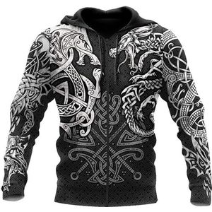 Viking-hoodie for heren, Noorse mythologie Viking Dragon Wolf-pullover met volledige ritssluiting, buiten, grote zak, harajuku-jack met trekkoord en capuchon (Color : Bzip, Size : XS)