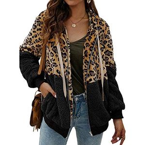 ABINGOO Casual damesjas, wollig, vest, luipaard-print, ritssluiting, warme hoodie, imitatiefleece, oversized outwear, Zwart, XL