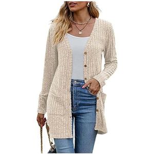 NOGRAX Dames vest herfst lang vest vrouwen knopen vest dames V-hals gebreide trui vesten voor vrouwen, Abrikoos, XXL