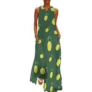 Schattige ananas dames enkellengte jurk slim fit mouwloze maxi-jurken casual zonnejurk 2XL