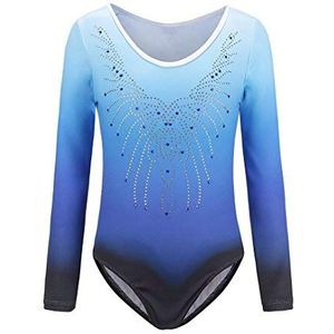 Sinoem Turnpakje, gympakje, voor meisjes, eendelig, met kleurverloop en glitters, voor dans, ballet, turnen, 5 - 6 jaar, blauw met lange mouwen