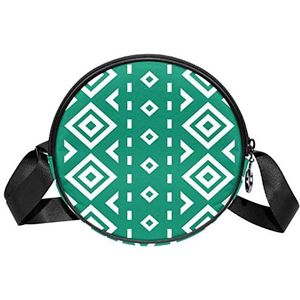 Messenger Bag etnische Gecombineerde geometrie groene achtergrond Crossbody Tas voor Vrouwen Rond, Meerkleurig, 6.7x6.7x2.3 in, Sling Rugzakken