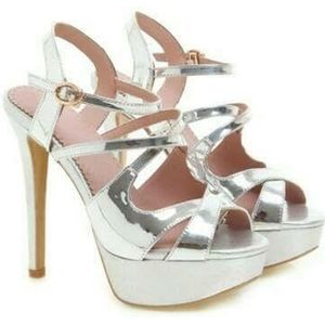 BKYWJTR6 Dames zomer sexy slingbacks stilettos sandalen enkelriem plateau hoge hakken schoenen, zilver, 41 EU