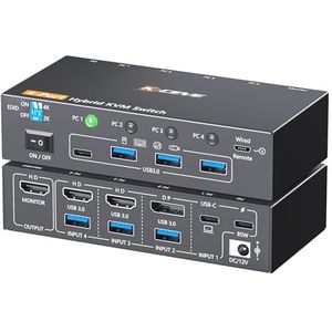 YOUTINGHDAV 4K KVM Switch 1 Monitors 4 Computers USB-C HDMI DP, USB 3.0 KVM Switch 4 Port 4K@60Hz for 4 Computer Share Keyboard Mouse and 1 HDMI Monitor, with Power Adapter and Wired Remote