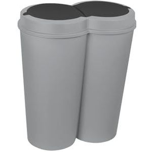 Dynamic24 Duo Bin Afvalemmer, 50 liter, afvalemmer, 2 x 25 l, afvalcontainer, afvalscheiding, grijs, met deksel, sorteerder, prullenbak, afvalbak, biologisch afval