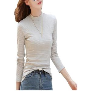 Vrouwen Lente Basic Lange Mouw Half Turtuleneck T-Shirt Vrouwelijke Herfst Vintage Mode Gestreepte Slim Fit Shirt, Beige, XL