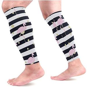 EZIOLY Flamingos Gold Polka Dot Stripes Sport Kalf Compressie Mouwen Been Compressie Sokken Kalf Guard voor hardlopen, Fietsen, Moederschap, Reizen, Verpleegkundigen