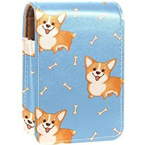 Gepersonaliseerde Lipstick Case Draagbare Make-up Tas Cosmetische Pouch Lippenstift Houder Make-up Organizer Little Corgi Hond Patroon Bone Blauw, Meerkleurig, 9.5x2x7 cm/3.7x0.8x2.7 in