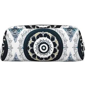 Zwart en Wit Ronde Totem Lichtgewicht Draagbare Lederen Met Rits Pen Case 20.5x5.5x8Cm Voor Kantoor Reizen Make-up Opbergtas, Zilver, Eén maat, Munt Pouch