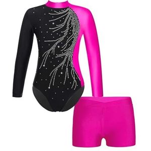 ZPFDSG Gympak voor ritmische dans, lange mouwen, voor kinderen, turnpakje voor kinderen, met shorts, danskleding voor meisjes, yoga-onesie, Roze, 10