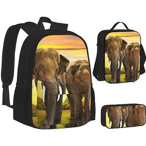 BONDIJ Olifant-blauwe zwarte rugzakken voor school met lunchbox etui, waterbestendige tas voor jongens meisjes leraar geschenken, Olifant Lopen, Eén maat