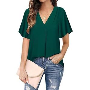 HHuiXinXue Elegante casual chiffon blouse voor dames, V-hals, korte mouwen, eenkleurige blouses, tops, mode, zomerkostuums, Groen, XL