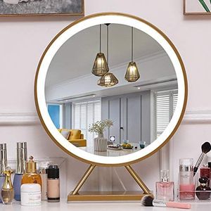 SHUWB LED verlichte ronde make-up spiegel, verlichte make-up ijdelheid spiegel tafel met touch-knop, grote cosmetische spiegel met 3 kleuren verlichtingsmodi badkamer scheerspiegel gouden-50 cm