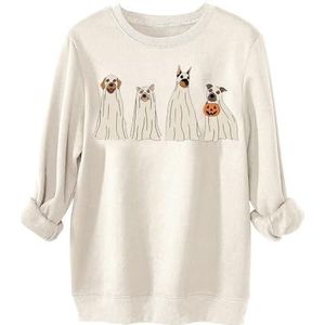 MLZHAN 4 Ghost Dog Print Vrouwen Sweatshirt Herfst Winter Crewneck Lange Mouw Warme Shirts Losse Truien Jas, Beige, XXL