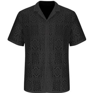 UBOHUZ Heren shirt met korte mouwen casual korte mouwen button-down kanten shirts met reverskraag uitgehold ontwerp effen kleur losse pasvorm tops voor vrije tijd, Zwart, XXL